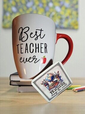 Eccolo 'Best Teacher Ever' Cup & Handmade Wood 3x3 Magnet Gift Set